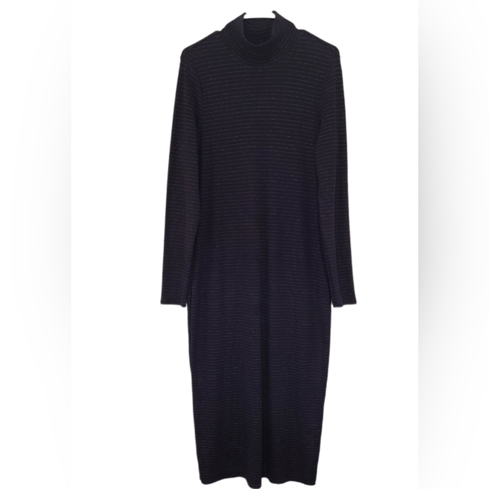Marine Layer - Lexi Turtleneck Midi Dress, Sky Captain, navy and silver stripe.